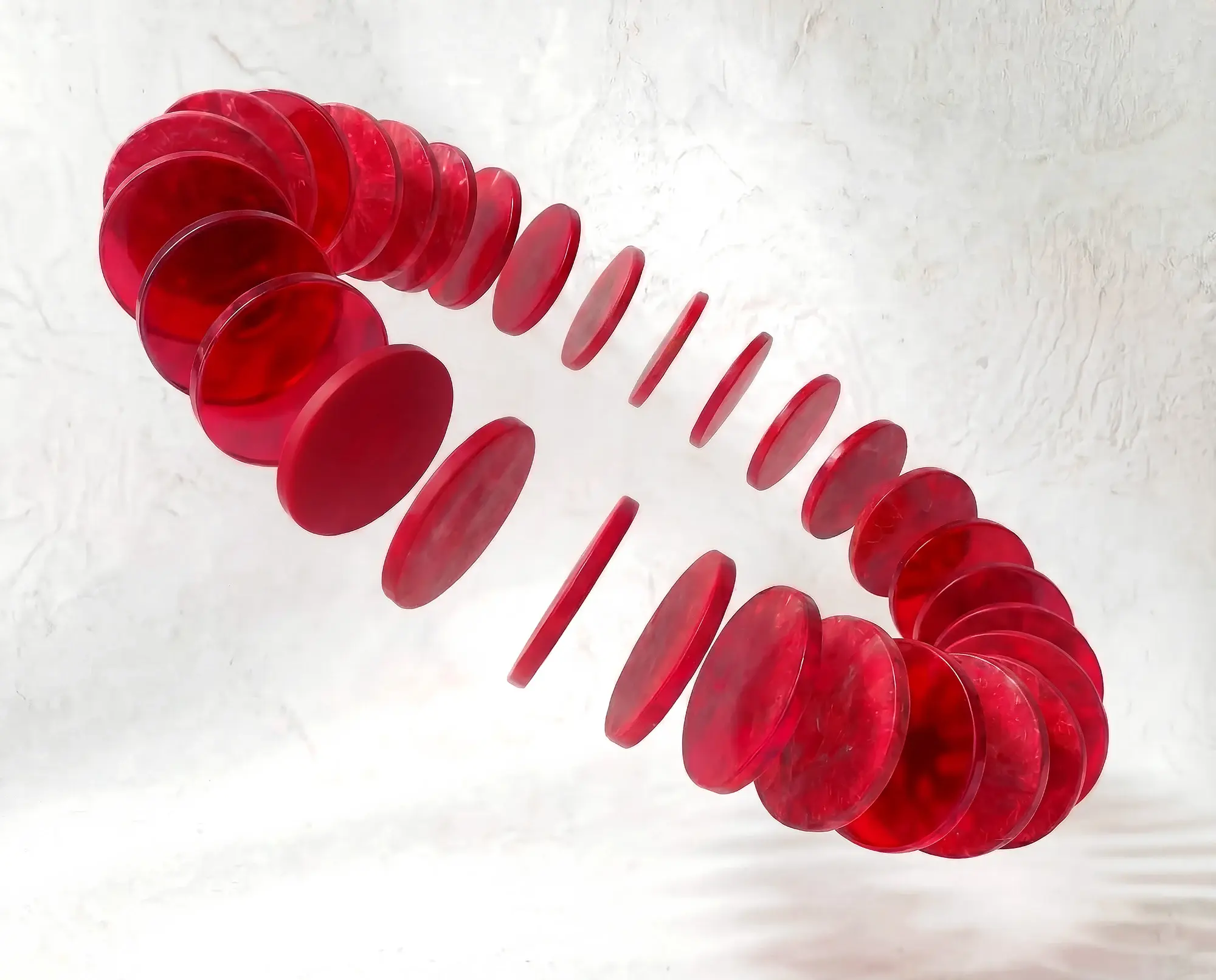 A spiral formation of semi-transparent red discs floats against a light, textured background